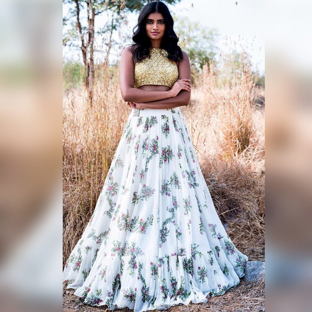 New Designer White Crop Top with Pink Skirt | Lehenga Under 3000