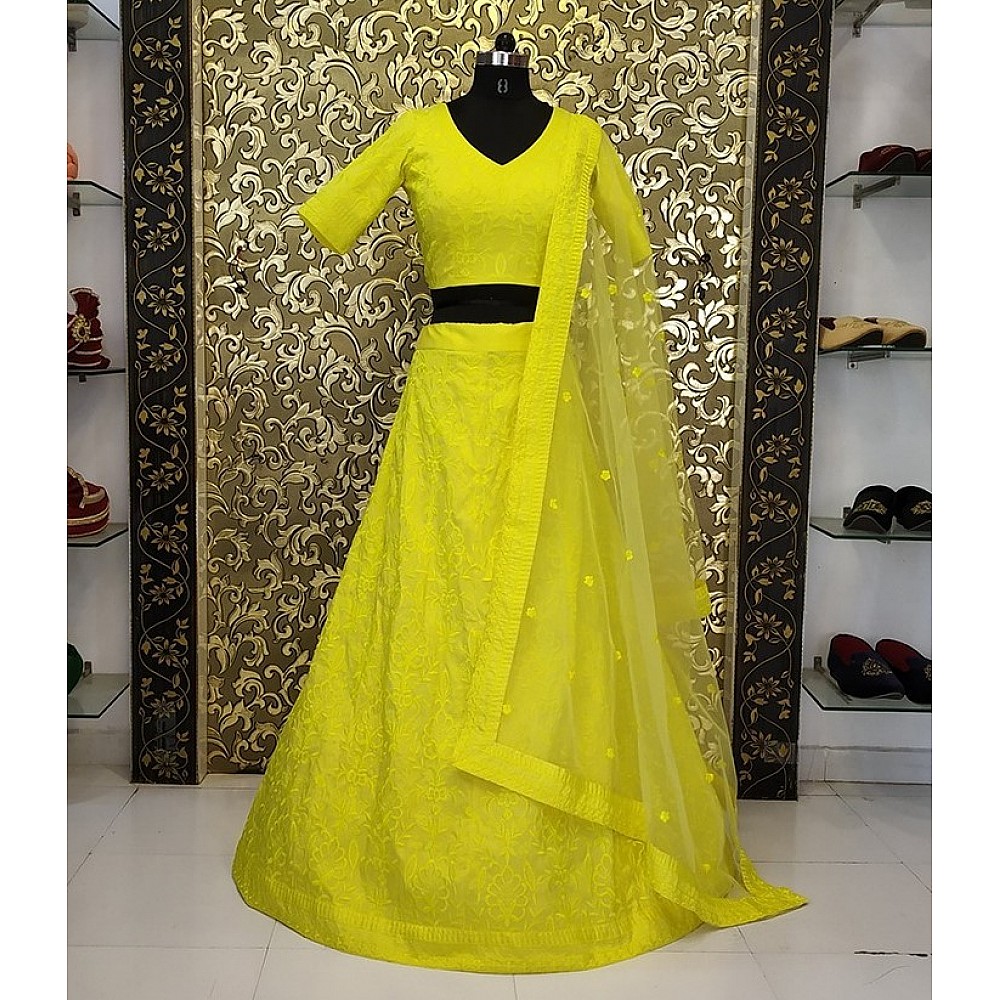yellow tapeta silk heavy embroidered wedding lehenga