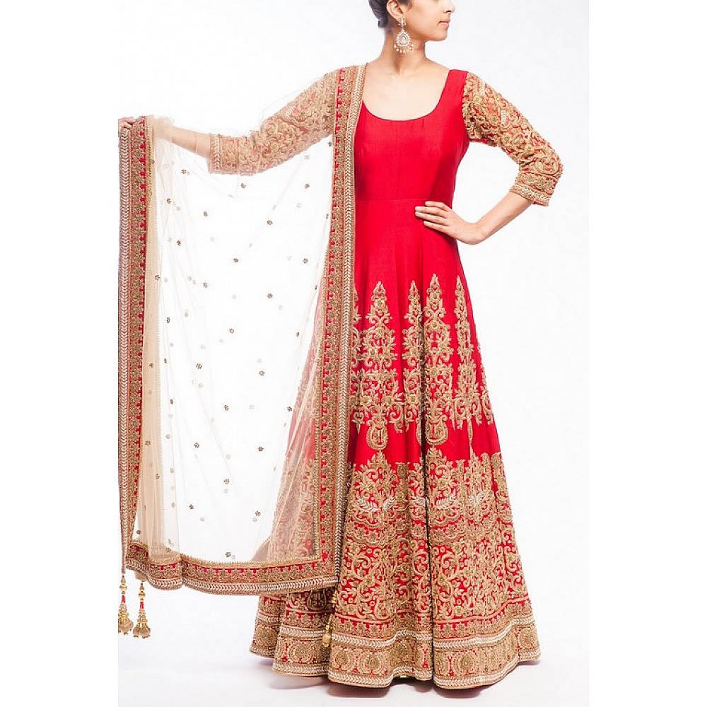 Designer heavy embroidered red anarkali suit for wedding