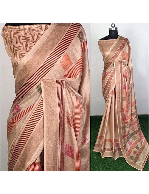 Beige linen silk printed saree