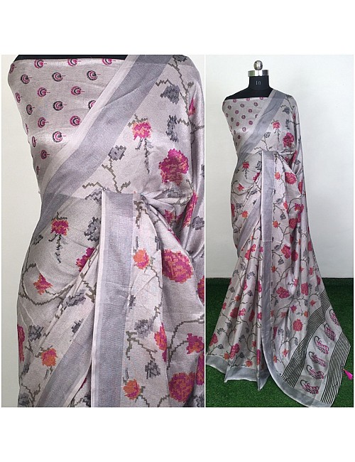 Grey linen silk printed saree