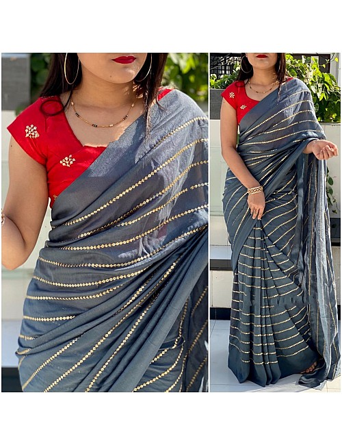 Grey vichitra silk sequence work partywear saree