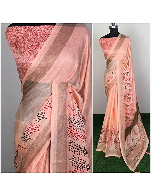 Light orange linen silk printed saree