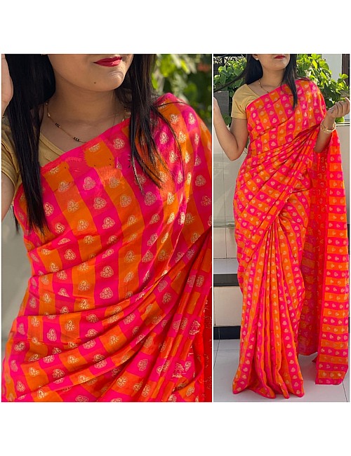 orange and pink chex sana silk saree