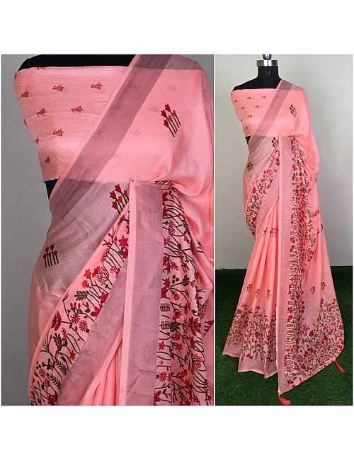 Peach linen silk printed saree