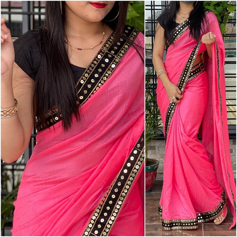 Pink vichitra silk sequence work partywear saree