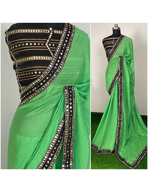 Pista green vichitra silk sequence work partywear saree