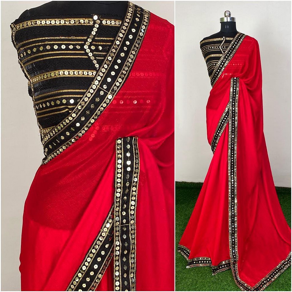 Red vichitra silk sequence work partywear saree