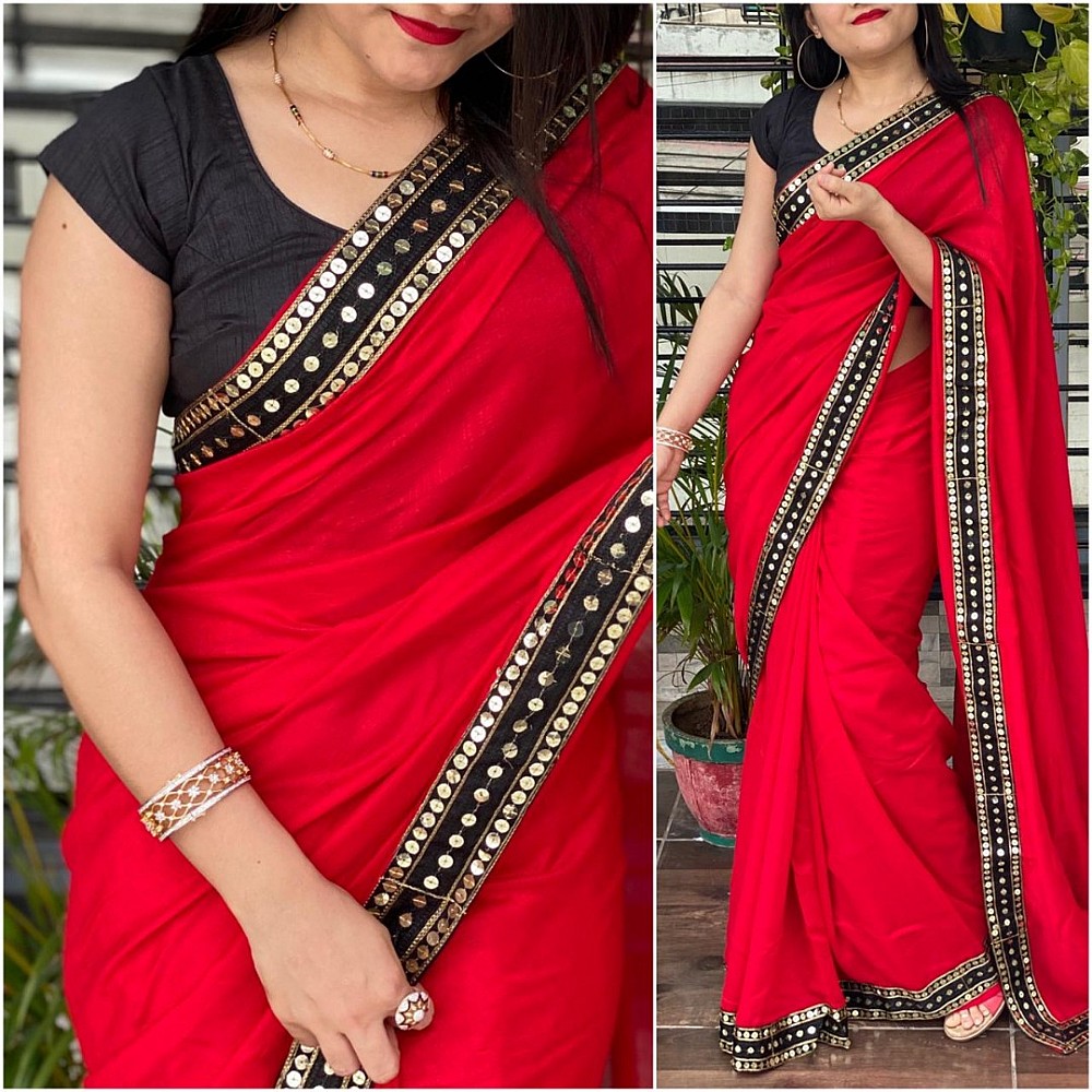 Red vichitra silk sequence work partywear saree