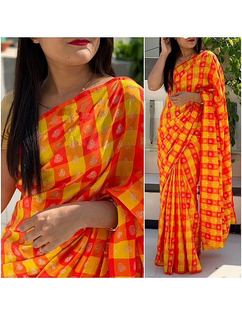 yellow and orange chex sana silk saree