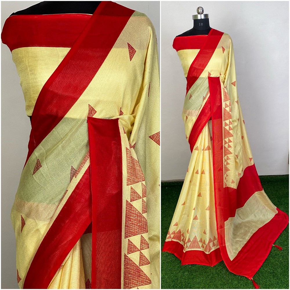 Yellow linen silk printed saree