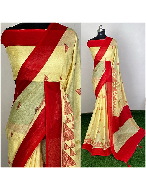 Yellow linen silk printed saree