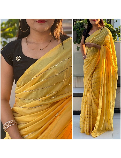 Yellow vichitra silk sequence work partywear saree