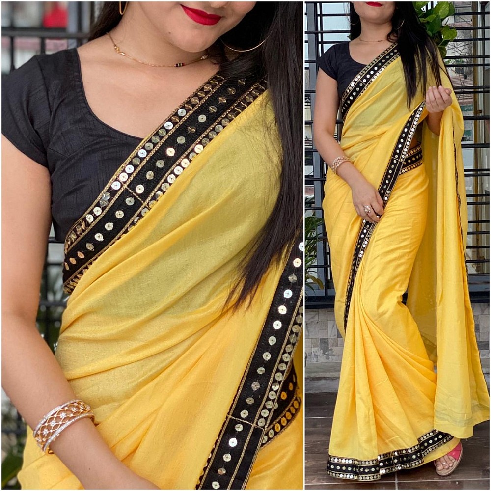Yellow vichitra silk sequence work partywear saree