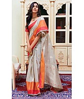 Grey  linen silk orange border casual saree