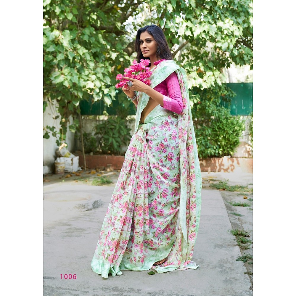 pista green linen silk floral digital printed saree