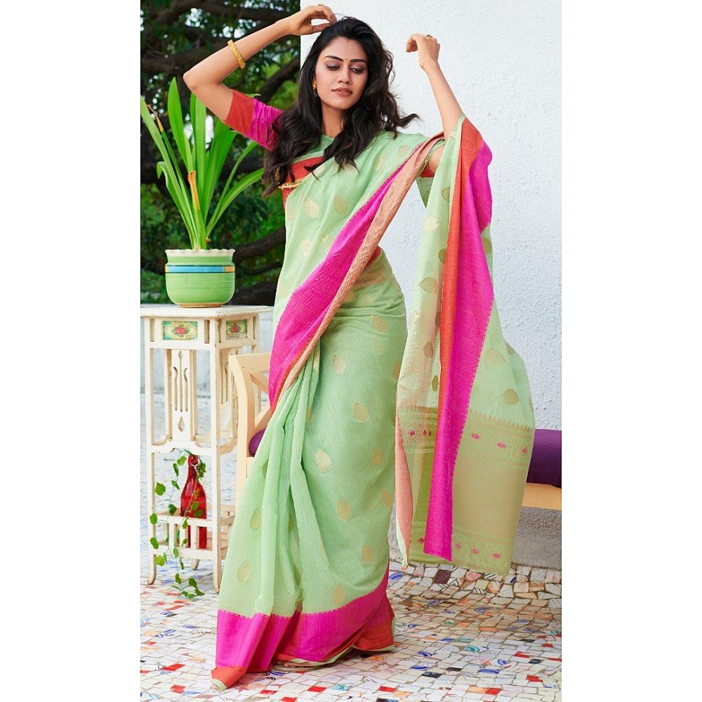 Pista green linen silk pink border casual saree