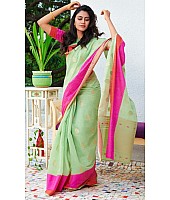 Pista green linen silk pink border casual saree