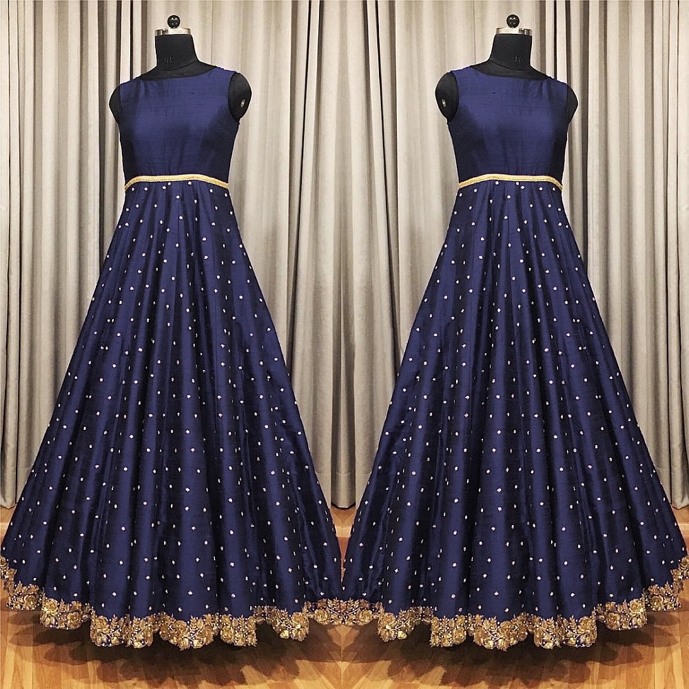 dark blue banglori silk long partywear gown