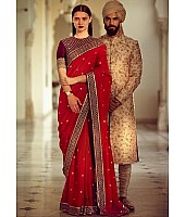 Designer royal look embroidered red saree
