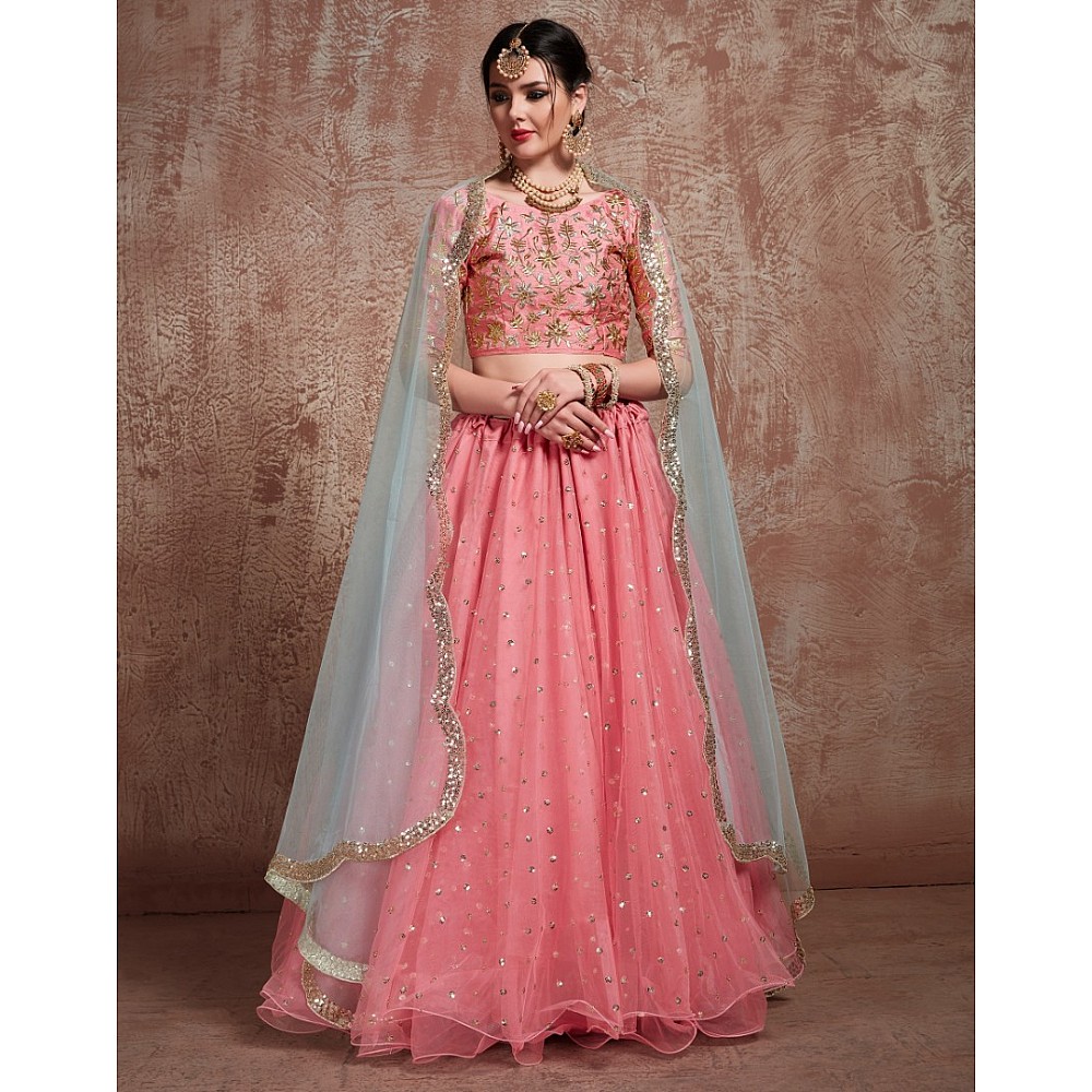 Pink soft net embroidered wedding lehenga choli