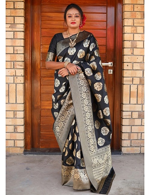 Black jacquard woven silk saree