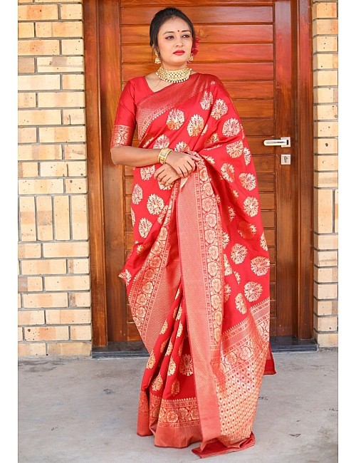 Red jacquard woven silk saree