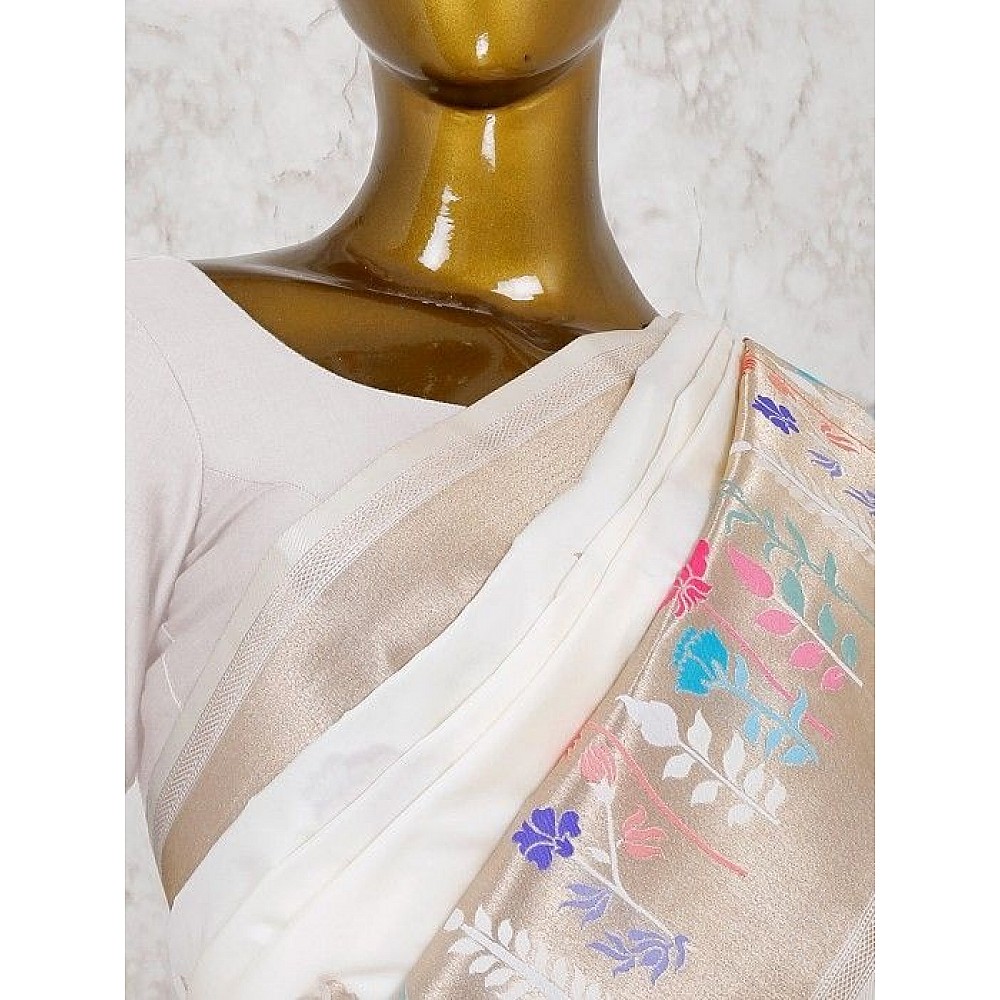 White banarasi shiny silk weaving saree