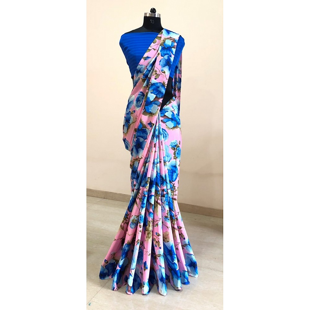 baby pink silk crape blue floral printed casual wear saree