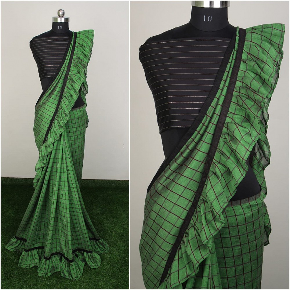 Green vichitra silk chex print saree with ruffle border