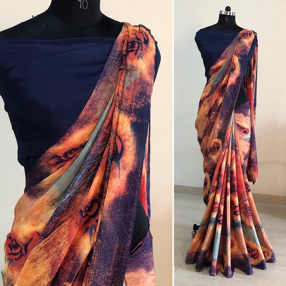 orange crap silk multicolor printed casual saree