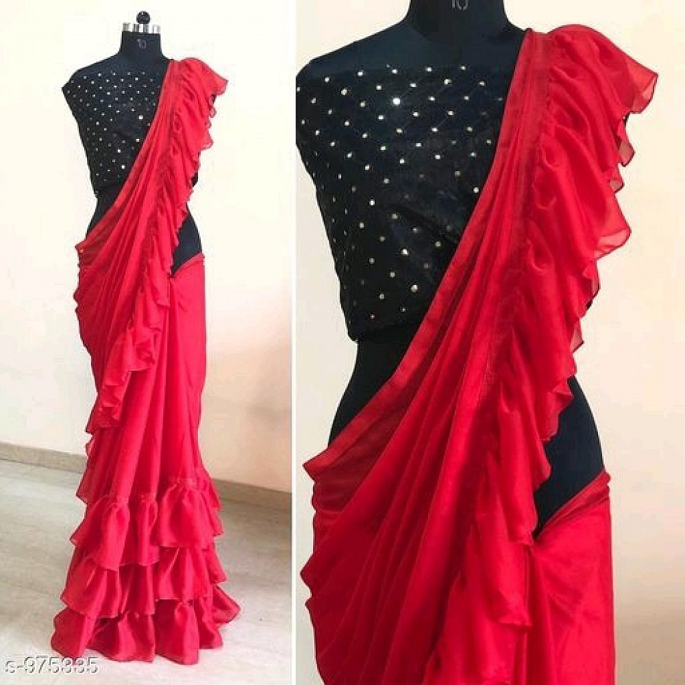 Red rangoli partywear ruffle saree