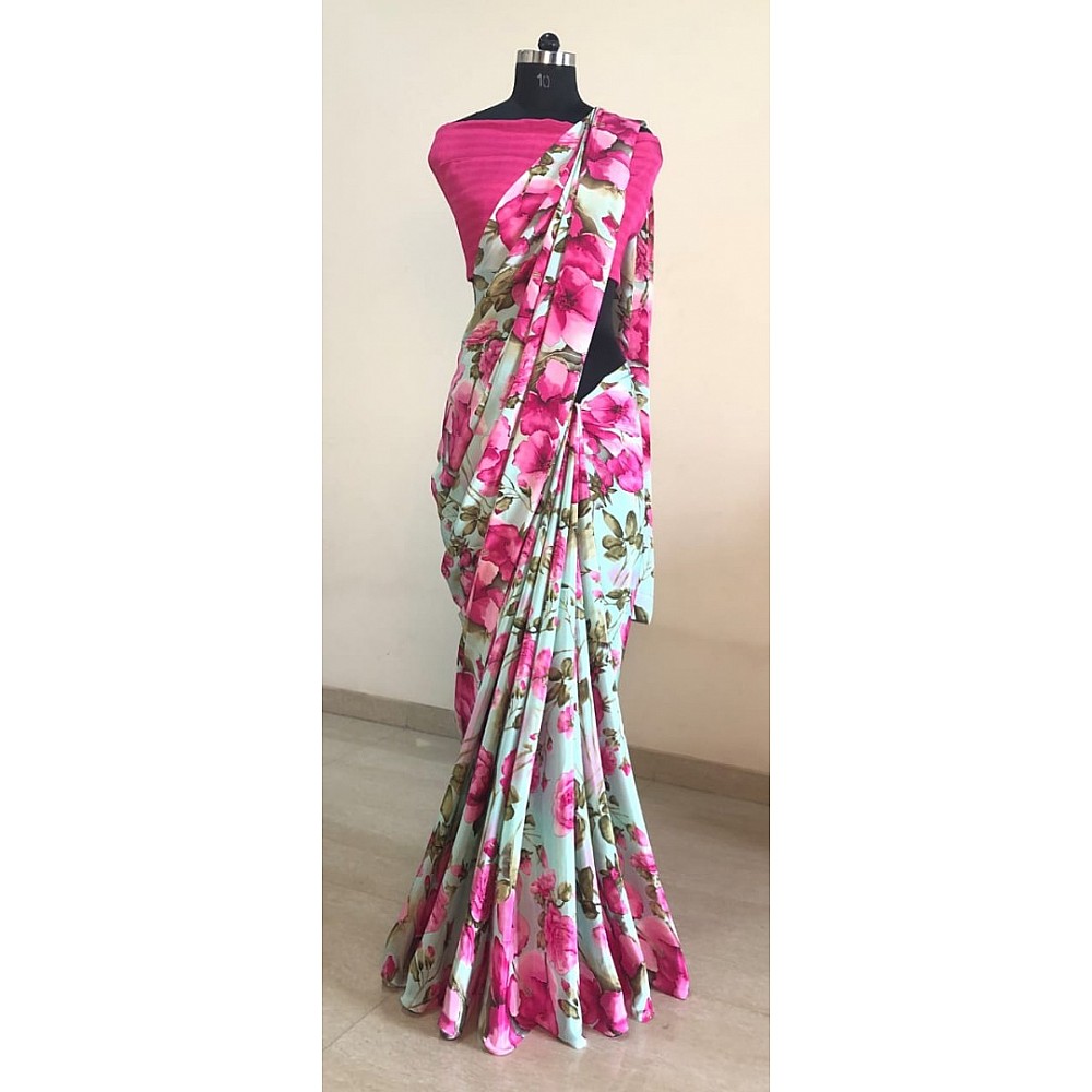 sea green silk crape pink floral printed casual wear saree