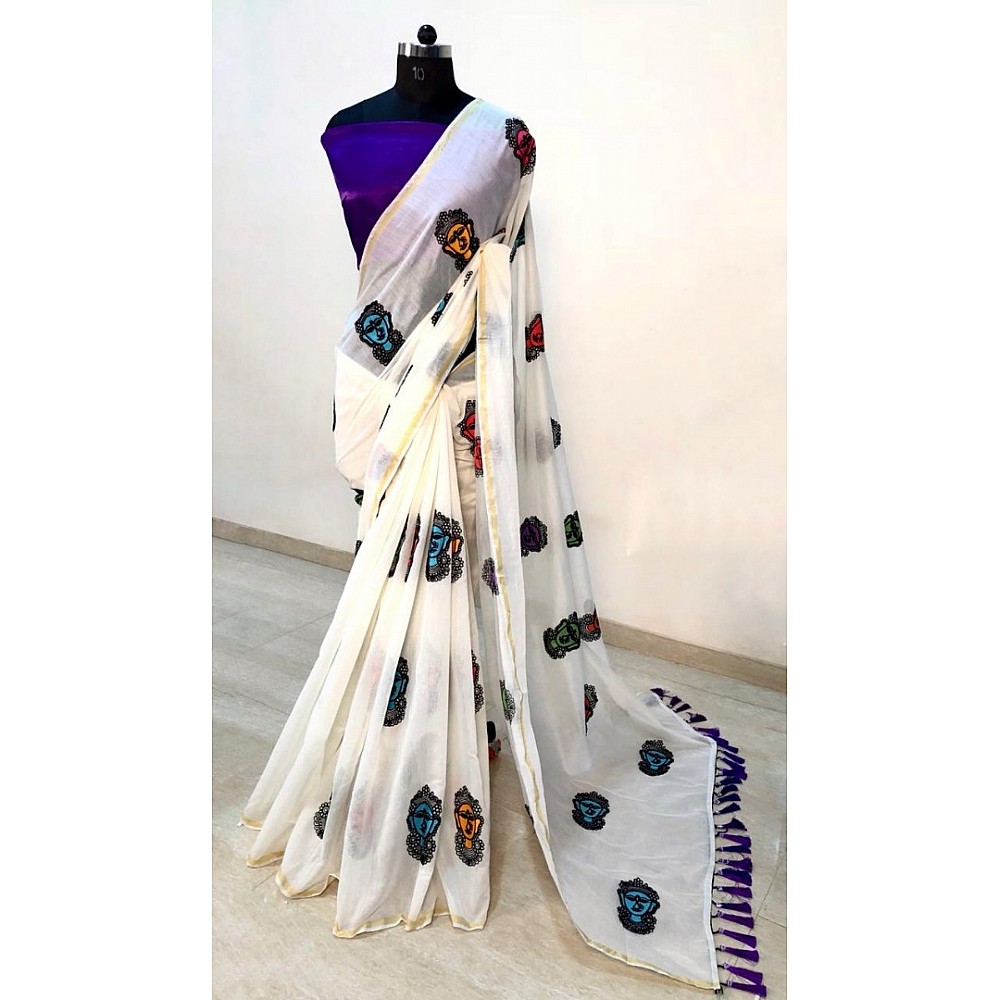 white chanderi cotton embroidered saree