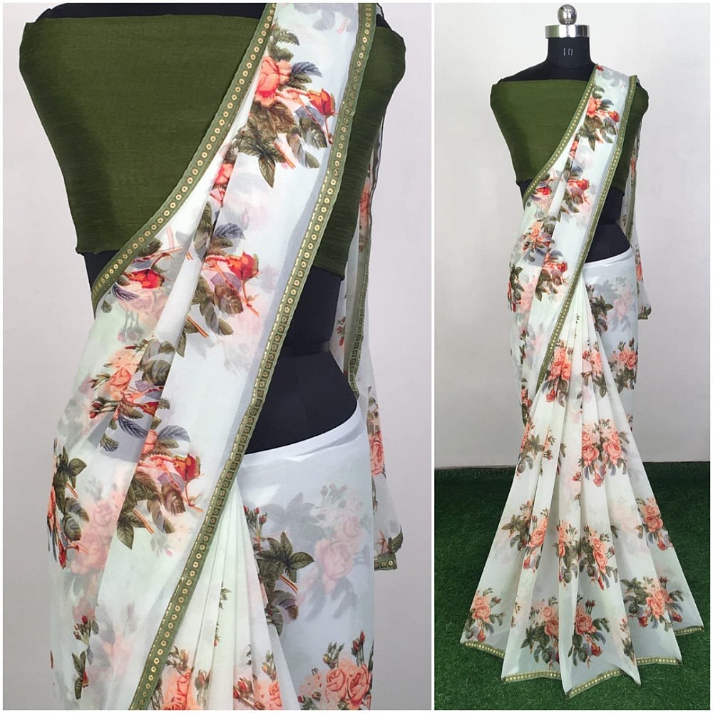 white heavy georgette floral printed saree