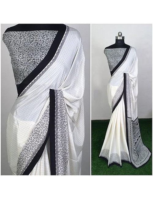 white silk crape printed saree
