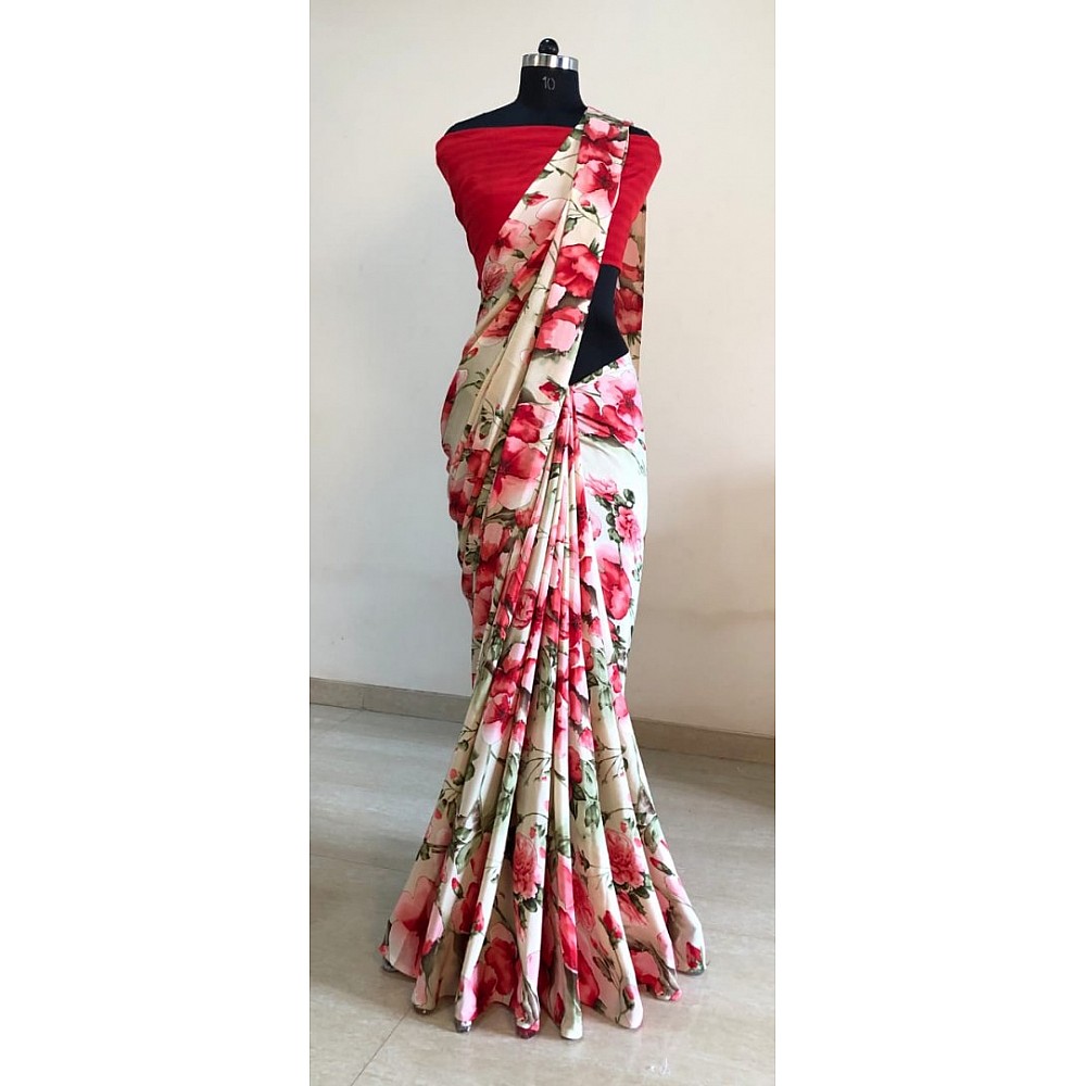white silk crape red floral printed casual wear saree