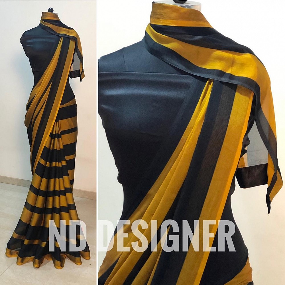 Yellow and Black strip rangoli silk saree
