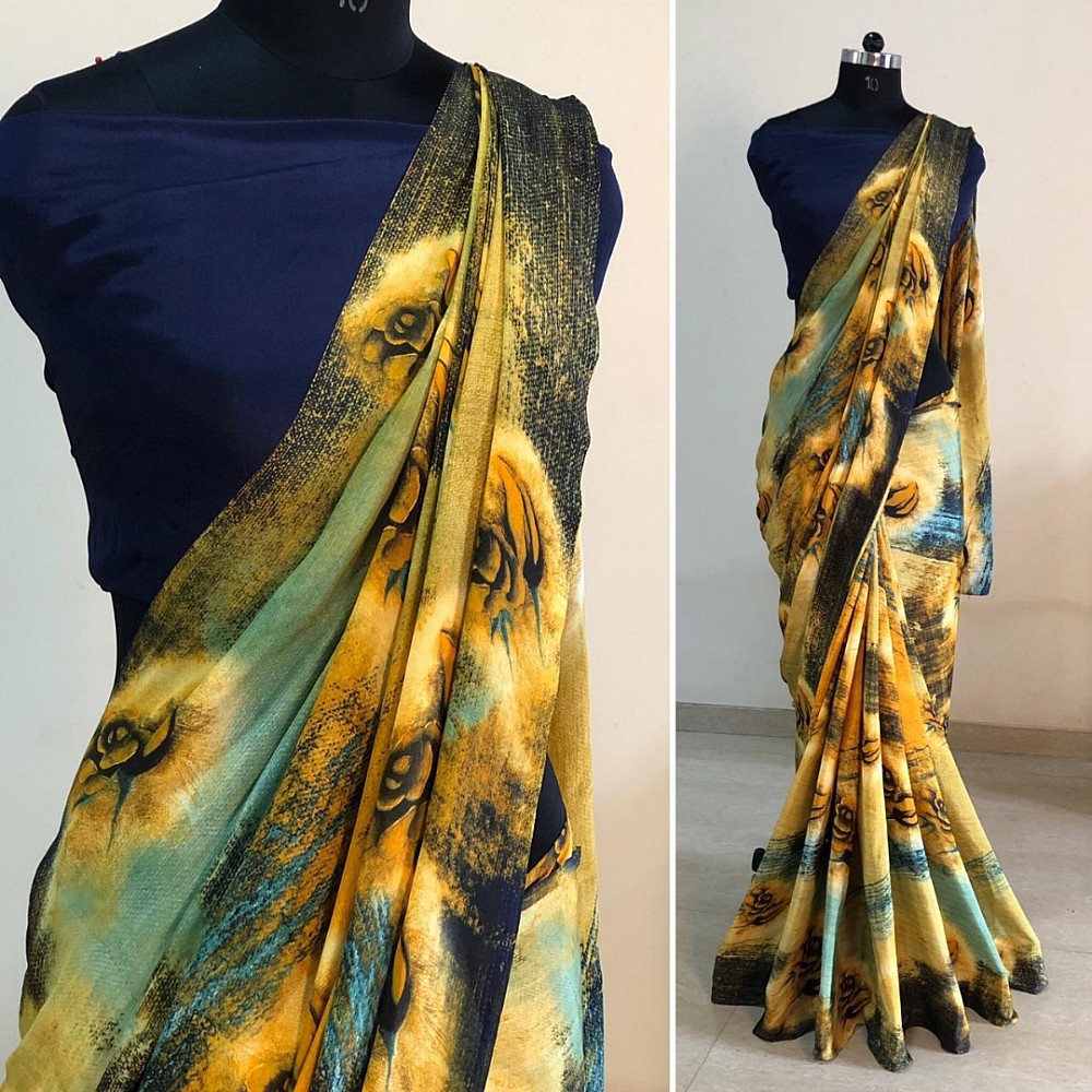 Yellow crap silk multicolor printed casual saree