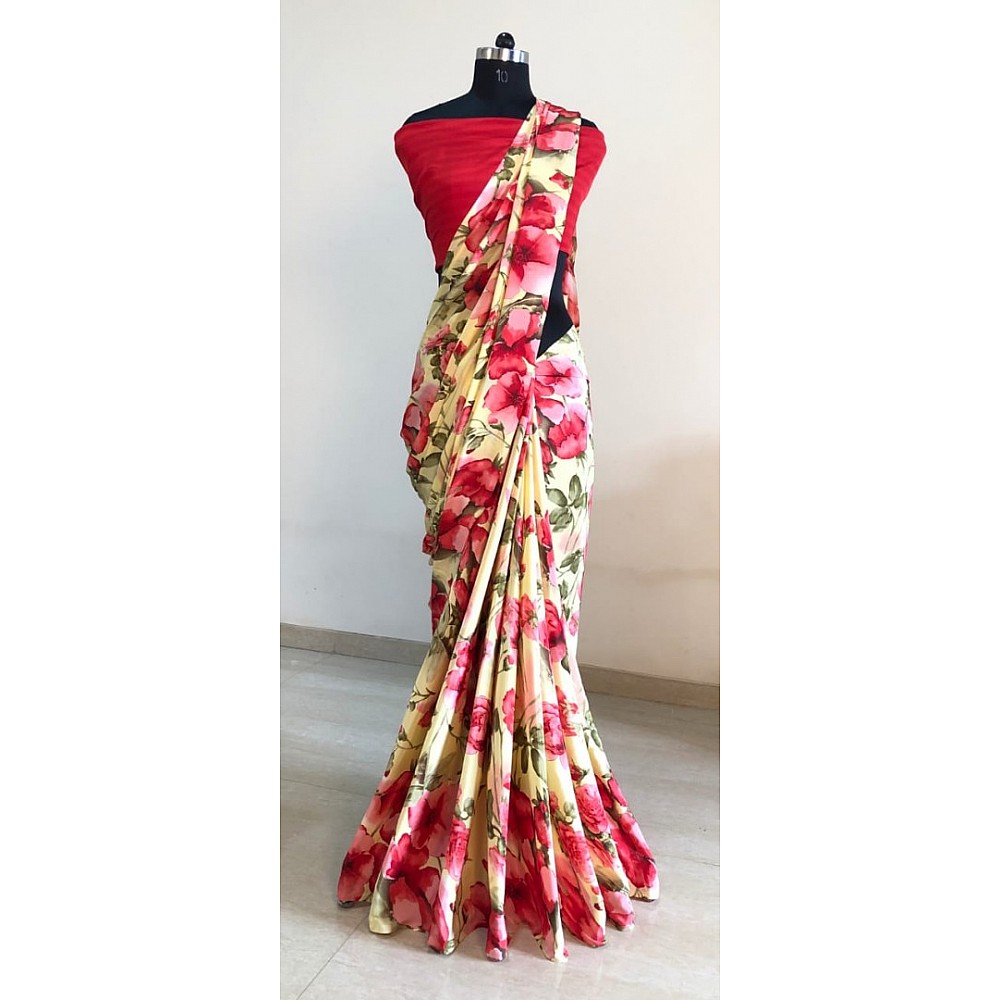 Yellow silk crape red floral printed casual wear saree
