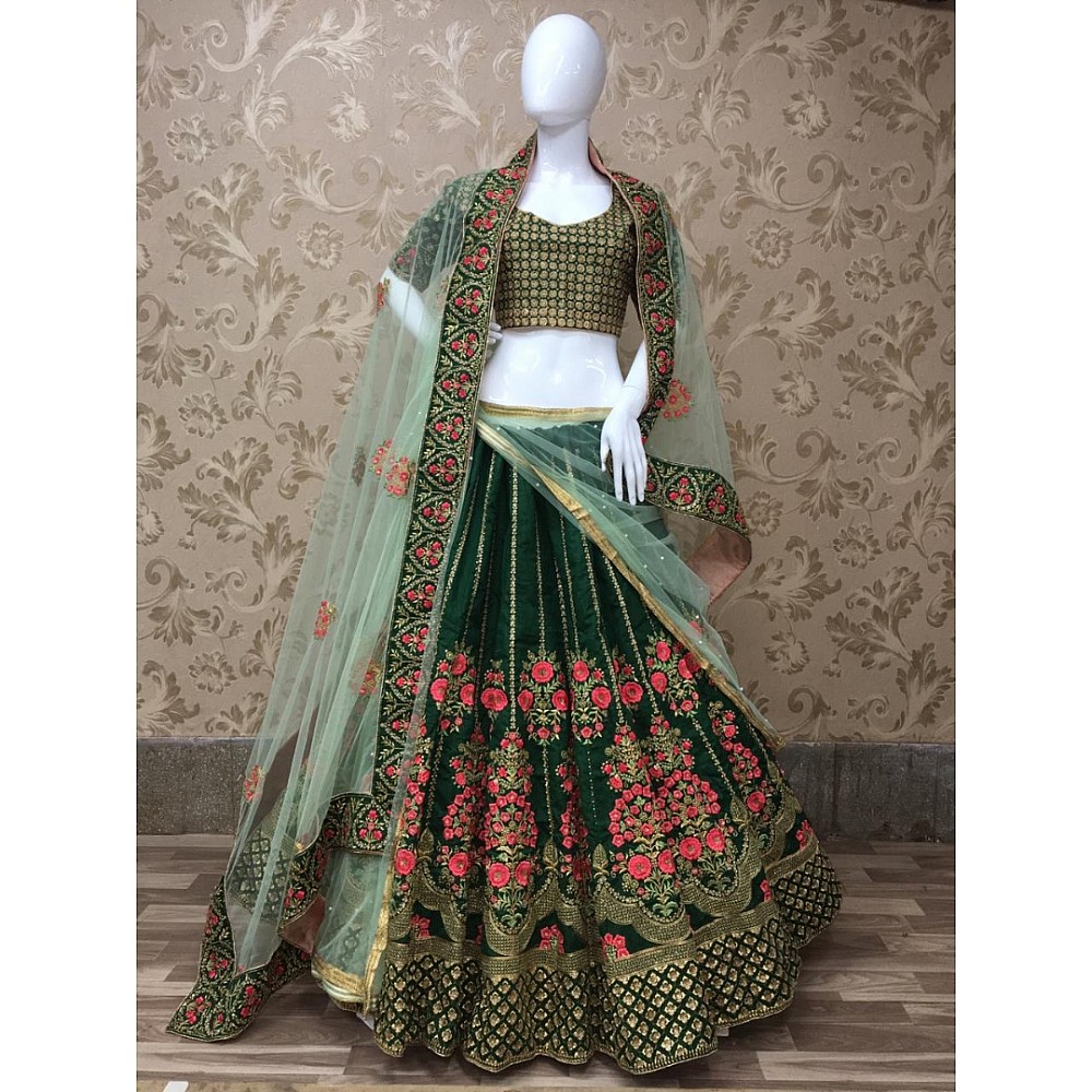 Green silk designer embroidered heavy bridal wedding lehenga choli