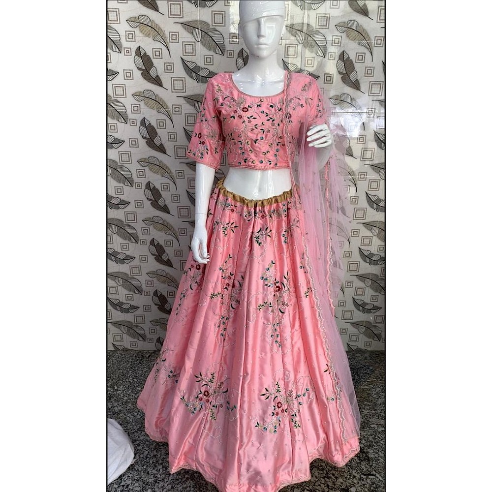 baby pink malai satin designer embroidered wedding lehenga