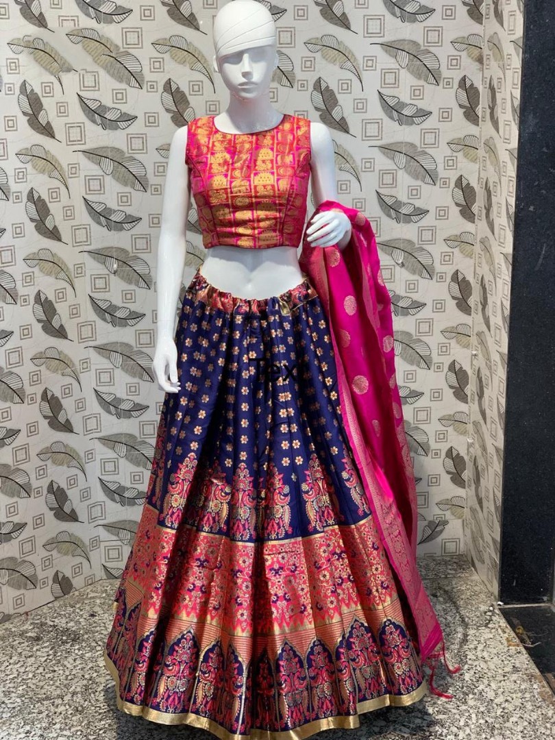 Banarasi Silk Lehenga In Blue With Hot Pink Dupatta - Kanhasaree