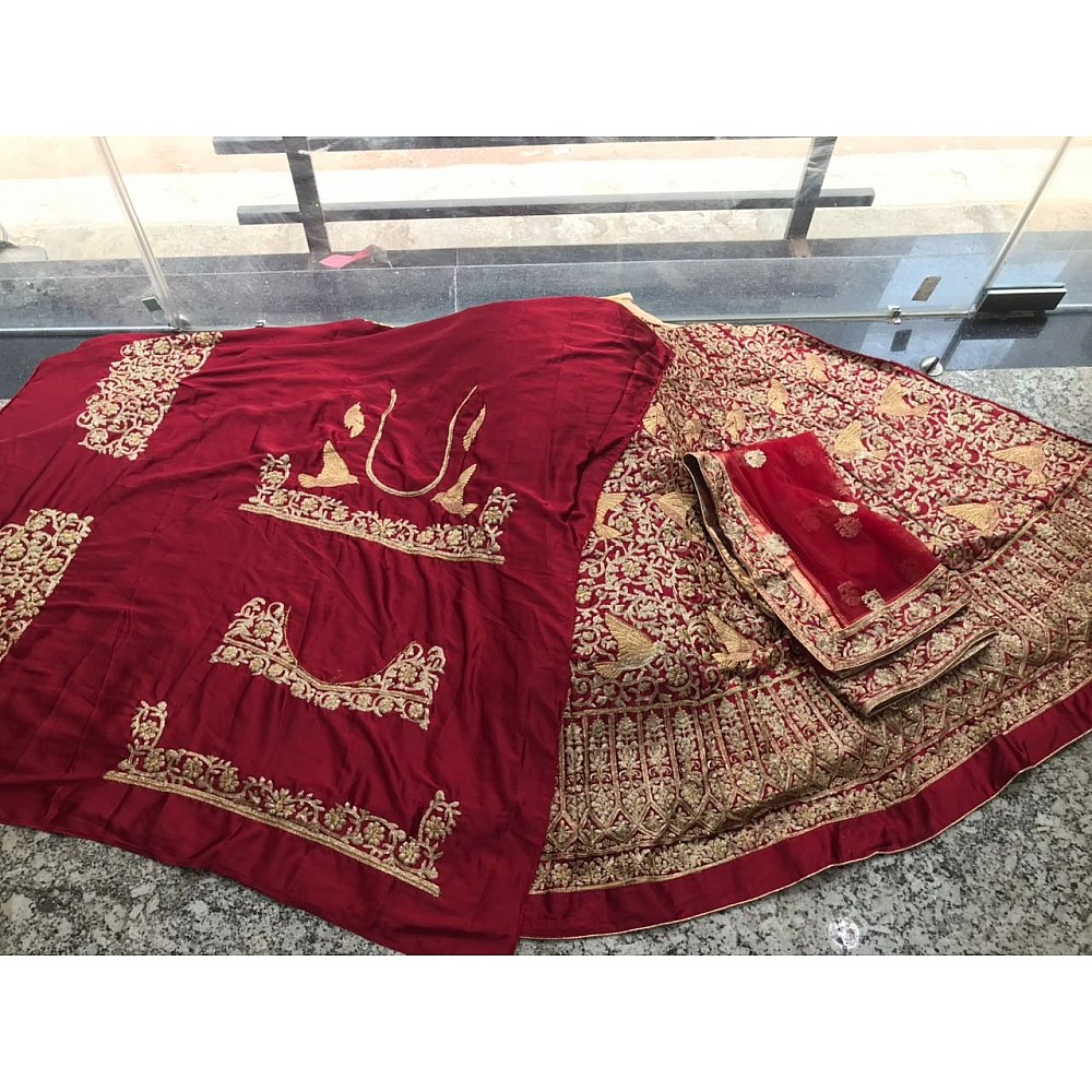Designer heavy embroidered maroon malai satin bridal lehenga