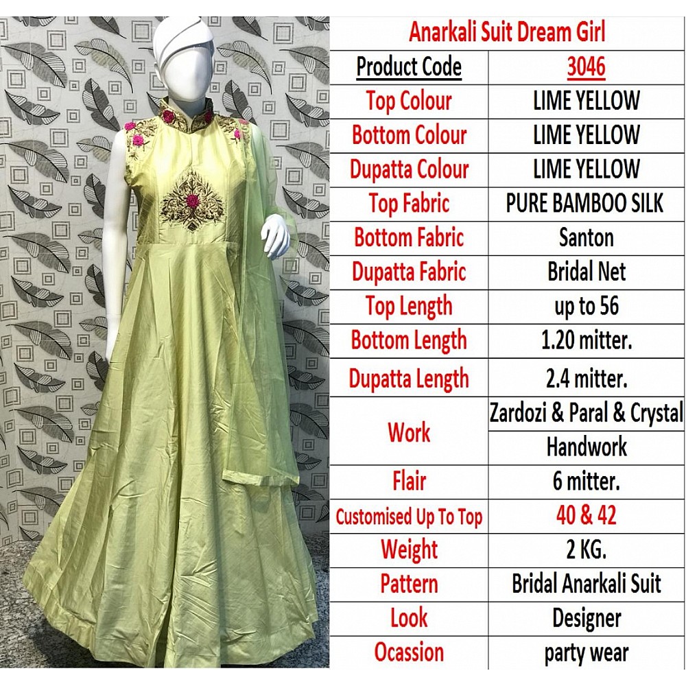lime yellow bamboo silk jardoshi pearl and crystal handwork partywear gown