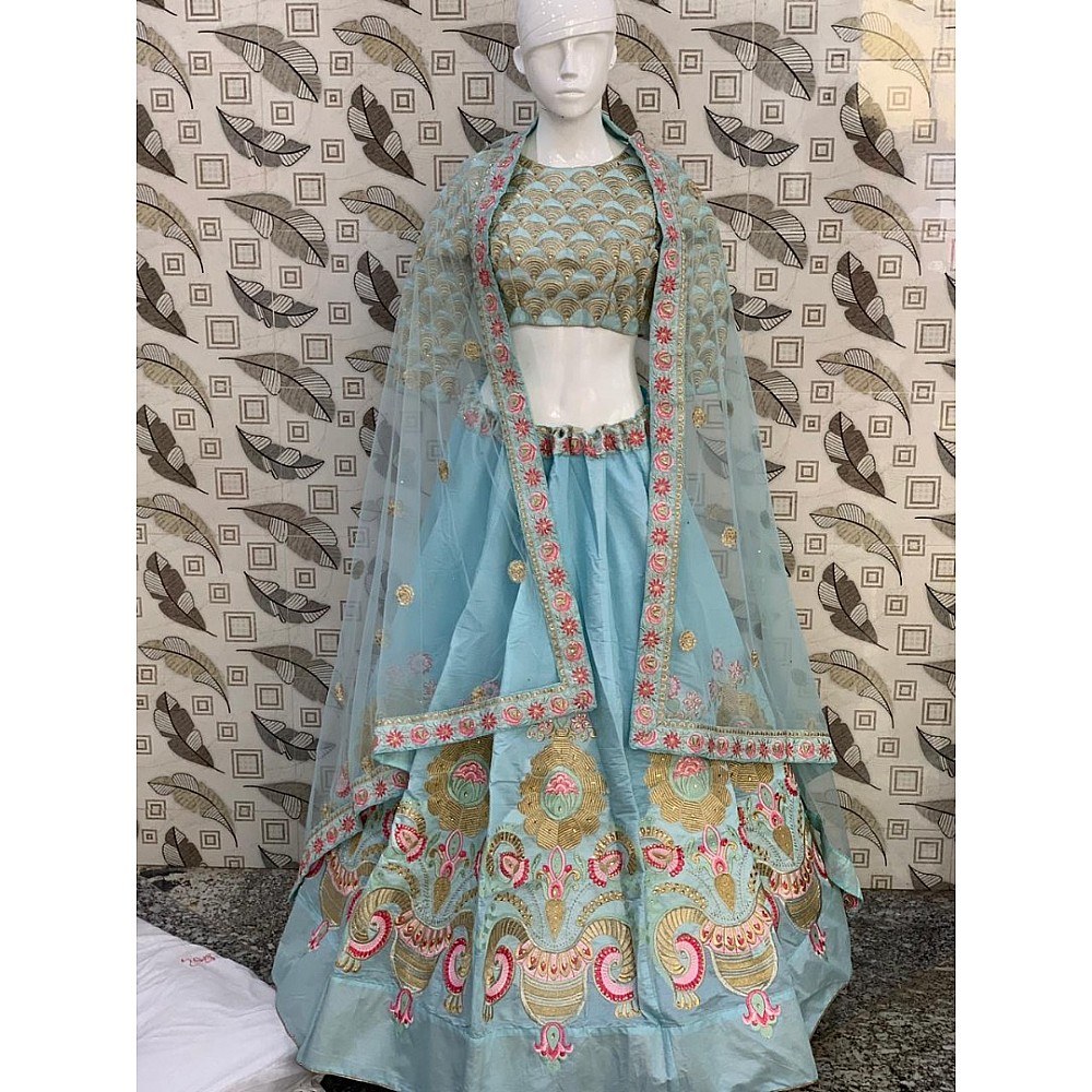 sky pure chanderi silk designer embroidered wedding lehenga