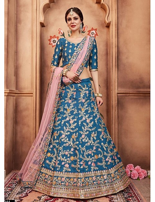 Blue art silk heavy embroidered bridal lehenga choli