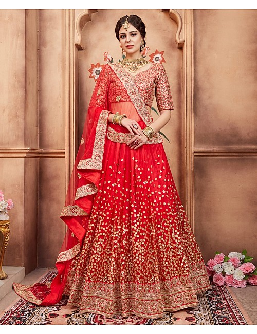Designer Red art silk sequence and threadworked wedding bridal lehenga 