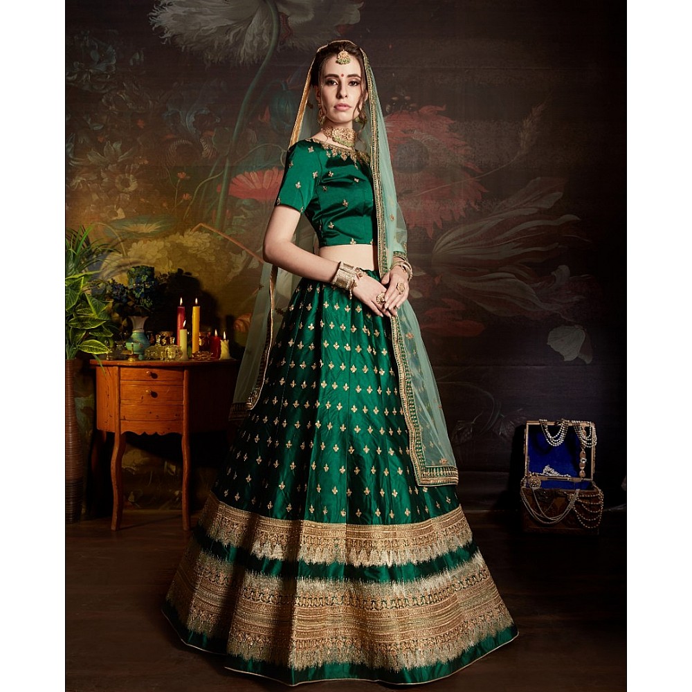 green satin heavy designer embroidered wedding lehenga choli