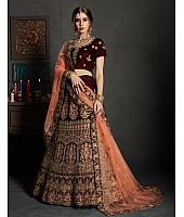 maroon pure velvet designer heavy embroidered bridal lehenga